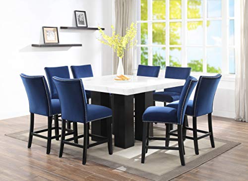 Camila Marble Top Square 9-Piece Counter Height Dining Set Blue Velvet