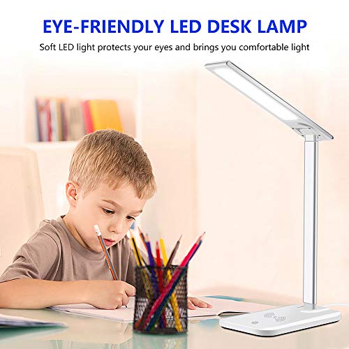 GSBLUNIE LED Desk Lamp with Wireless Charger,Dimmable Office Desk Lamp with USB Charging Port,Touch Control,3 Lighting Modes 6 Brightness Levels,Eye-Caring Table Lamp for Christmas Gift,Studying