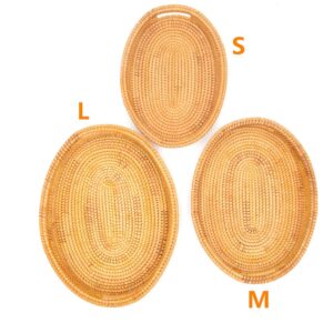 3 Pack Handmade Oval Woven Basket Tray, 15 Inch Rattan Storage Baskets with Handles and 2 Inch Raised Side, Decorative Wicker Organizer Tray for Table Serving, Bread, Fruit, Catch All Dish, S, M, L