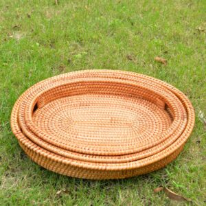 3 Pack Handmade Oval Woven Basket Tray, 15 Inch Rattan Storage Baskets with Handles and 2 Inch Raised Side, Decorative Wicker Organizer Tray for Table Serving, Bread, Fruit, Catch All Dish, S, M, L