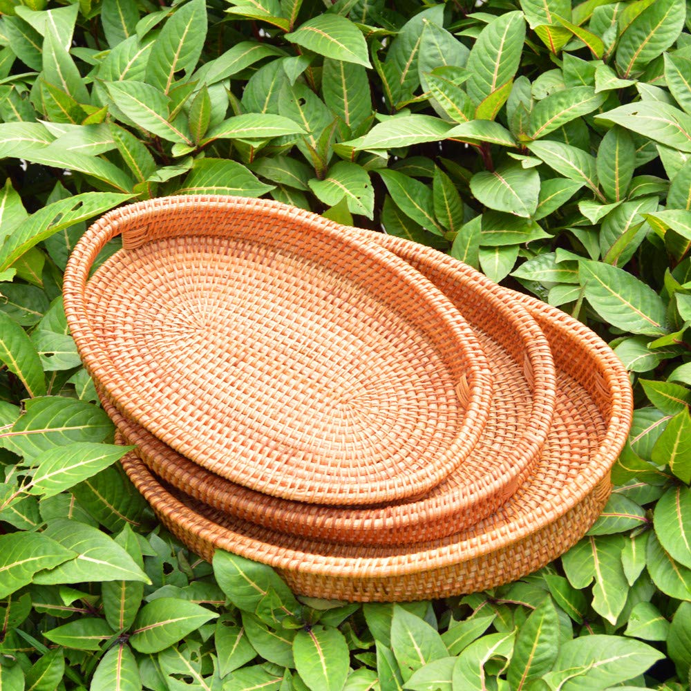 3 Pack Handmade Oval Woven Basket Tray, 15 Inch Rattan Storage Baskets with Handles and 2 Inch Raised Side, Decorative Wicker Organizer Tray for Table Serving, Bread, Fruit, Catch All Dish, S, M, L