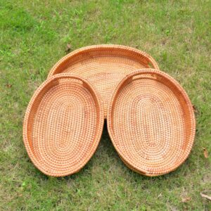 3 Pack Handmade Oval Woven Basket Tray, 15 Inch Rattan Storage Baskets with Handles and 2 Inch Raised Side, Decorative Wicker Organizer Tray for Table Serving, Bread, Fruit, Catch All Dish, S, M, L