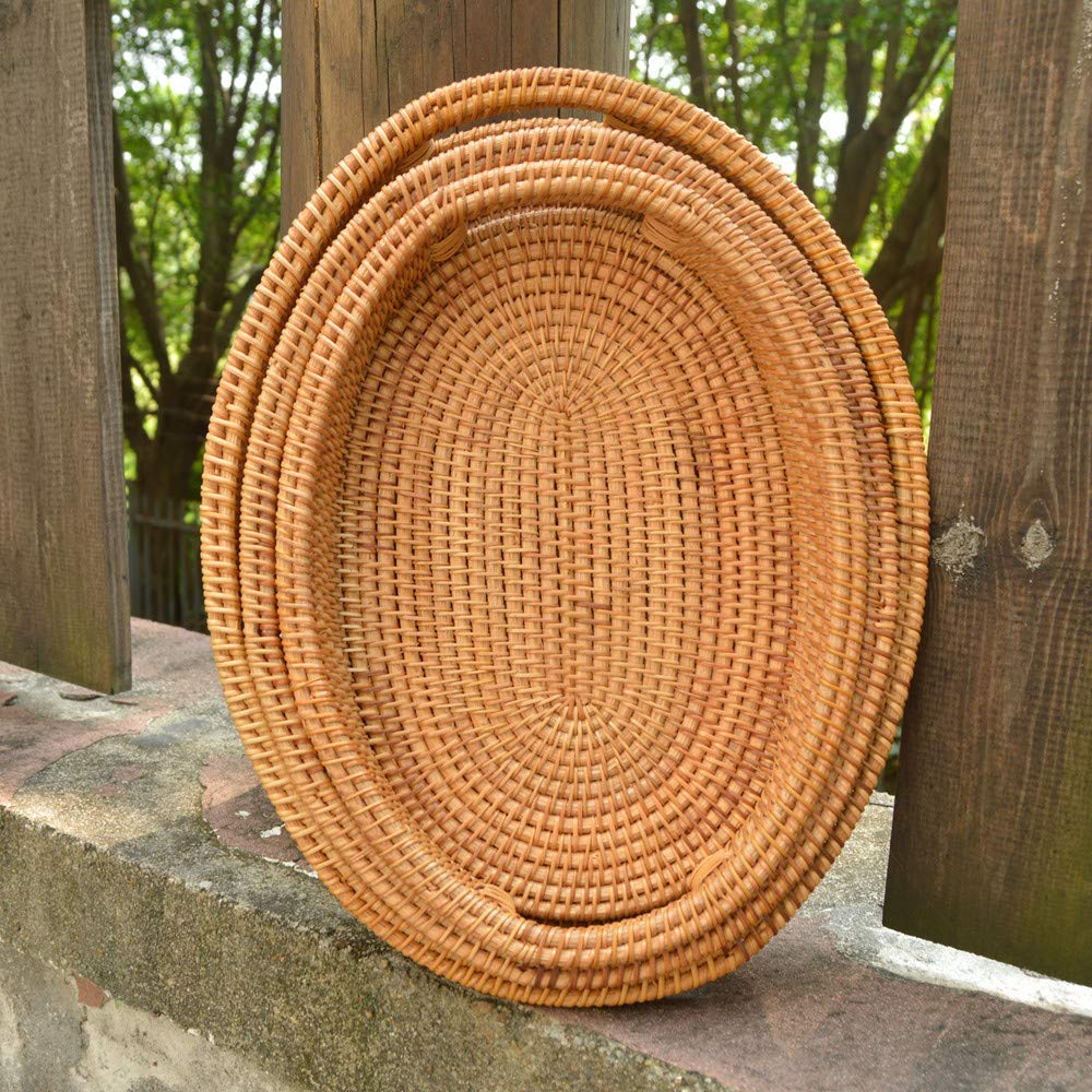 3 Pack Handmade Oval Woven Basket Tray, 15 Inch Rattan Storage Baskets with Handles and 2 Inch Raised Side, Decorative Wicker Organizer Tray for Table Serving, Bread, Fruit, Catch All Dish, S, M, L