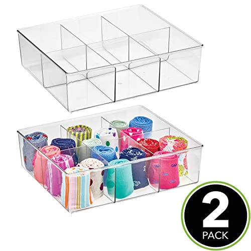 mDesign Plastic 6 Compartment Dresser Drawer Divided Organizer Bin for Scarves, Socks, Bras, Hair Ties, Belts, Underwear - Closet Shelf Storage Organization, Lumiere Collection, 2 Pack, Clear