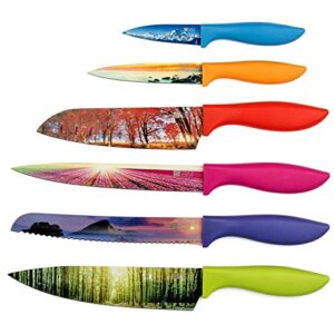 chef's vision landscape kitchen knife set in gift box - stunning gifts for her and for him - 6-piece colored sharp chef knives set - perfect present for birthday, wedding gifts for husbands and wives