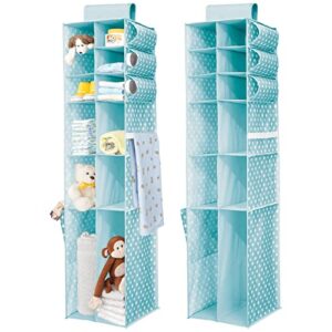 mdesign long soft fabric over closet rod hanging storage organizer with 12 divided shelves, side pockets for child/kids room or nursery, store diapers, wipes, lotions, toys - 2 pack - light blue/white