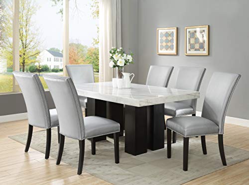 Camila Marble Top Rectanglular 7 Piece Dining Set in Silver