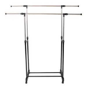 simply-me clothes garment rack rolling portable hanging rack,double rail adjustable extendable hanger rail stand collapsible clothing rack shelf with lockable wheel,black & silver