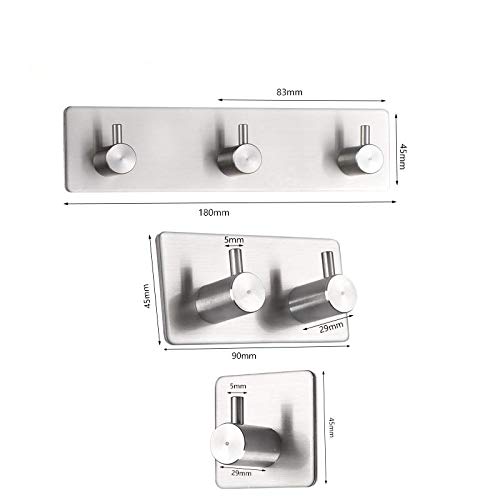 3 Hooks Self Adhesive Hanger Coat Towel Robe Rack Rail Wall Mount Floating Stainless Steel Water and Rust Proof Heavy Duty Hooks for Modern Kitchen Bathroom