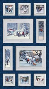 northcott hometown hockey panel 24 x 44 blue with snow cotton fabric 22908-49