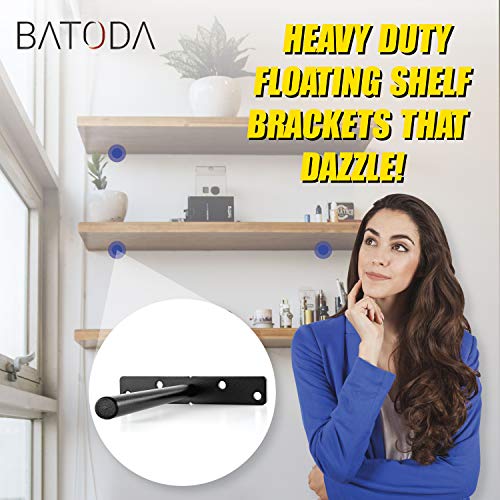 BATODA - 6" Floating Shelf Bracket Heavy Duty – Solid Steel Blind Shelf Supports - Hidden Brackets for Floating Wood Shelves - Screws and Wall Plugs Included (8 Inch Rod, 6)