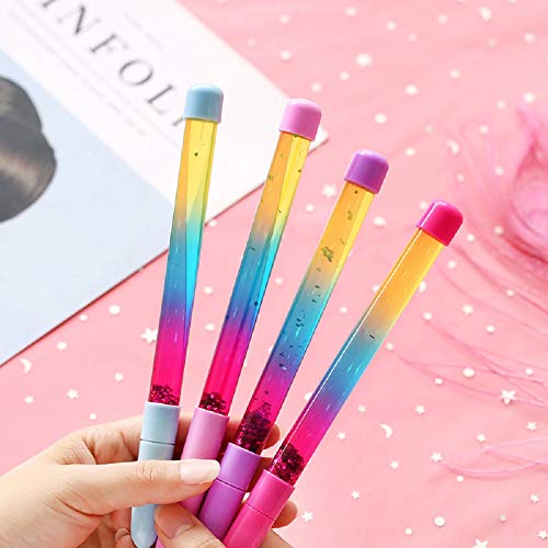 4pcs Fairy Stick Ballpoint Pen Glitter Liquid Sand Pen Bling Rainbow Dynamic Crystal Ball Pen Gel Ink Pen Student Pen Rollerball Pens for Women Girl Gift Stationery School Office Supplies (Blue Ink)