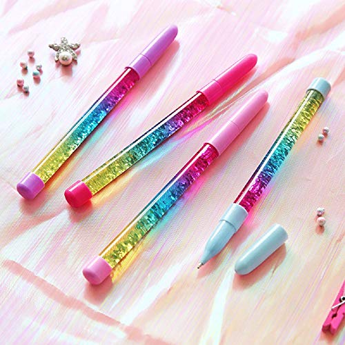 4pcs Fairy Stick Ballpoint Pen Glitter Liquid Sand Pen Bling Rainbow Dynamic Crystal Ball Pen Gel Ink Pen Student Pen Rollerball Pens for Women Girl Gift Stationery School Office Supplies (Blue Ink)