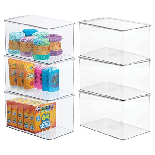 mDesign Stackable Plastic Craft Room Storage Container Box with Hinge Lid - Compact Organizer Holder Bin for Sewing Thread, Beads, Ribbon, Glitter, Clay - Lumiere Collection - 6 Pack - Clear