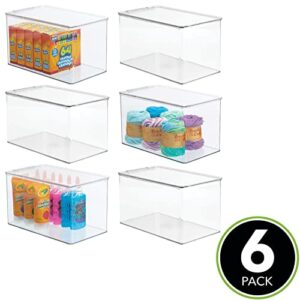 mDesign Stackable Plastic Craft Room Storage Container Box with Hinge Lid - Compact Organizer Holder Bin for Sewing Thread, Beads, Ribbon, Glitter, Clay - Lumiere Collection - 6 Pack - Clear