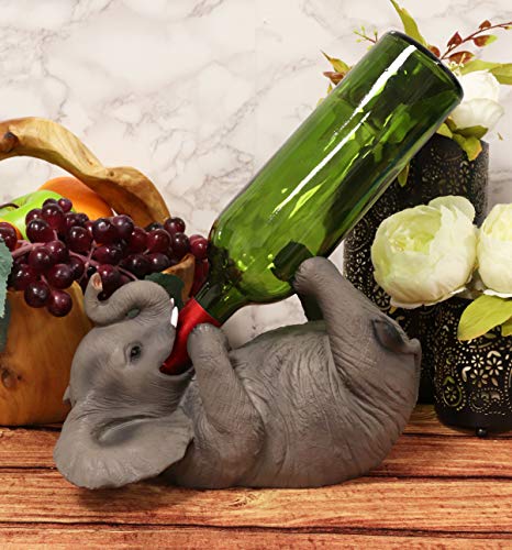 Ebros Kitchen Decor Playful Safari Elephant Wine Bottle Holder Figurine Animal Savanna Oil Wine Valet Storage with Pachyderm Elephant Theme