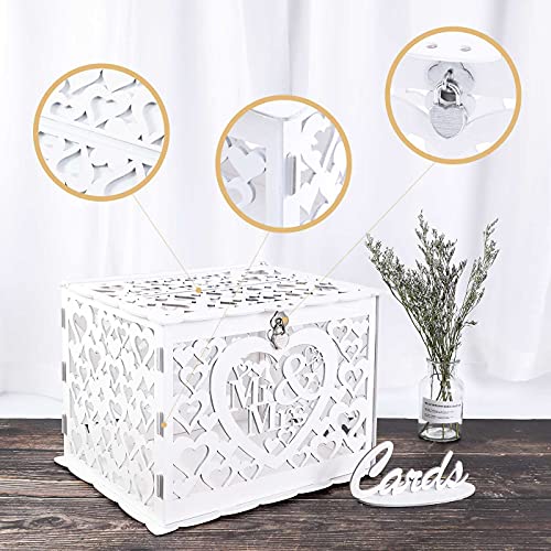 Ywlake Wedding Money Box Holder with Sign, Large Rustic Wood Wooden DIY Envelope Gift Post Card Boxes with Lock Slot for Reception Anniversary Graduation Birthday Party Parties (Mr & Mrs, White)