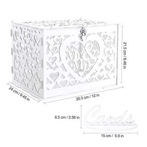 Ywlake Wedding Money Box Holder with Sign, Large Rustic Wood Wooden DIY Envelope Gift Post Card Boxes with Lock Slot for Reception Anniversary Graduation Birthday Party Parties (Mr & Mrs, White)