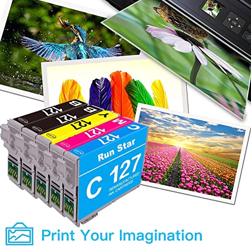 Run Star 5 Pack T127 Remanufactured Ink Cartridge Replacement for Epson 127 use for WF-3520 WF-3540 WF-7010 WF-7510 60 530 625 840 545 Printer (2 Black 1 Cyan 1 Magenta 1 Yellow)