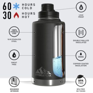 Hydrapeak 50oz Insulated Large Water Bottle - Leak Proof Stainless Steel Water Flask, Double Wall Vacuum Insulation Keeps Drinks COLD for 24 Hours and HOT for 12 Hours (Black)