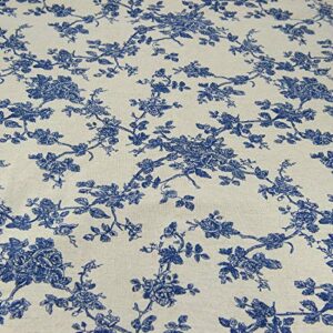 Linen Cotton Printed Fabric for Home Decoration and Crafting by The Meter(Classical Blue Floral Pattern)