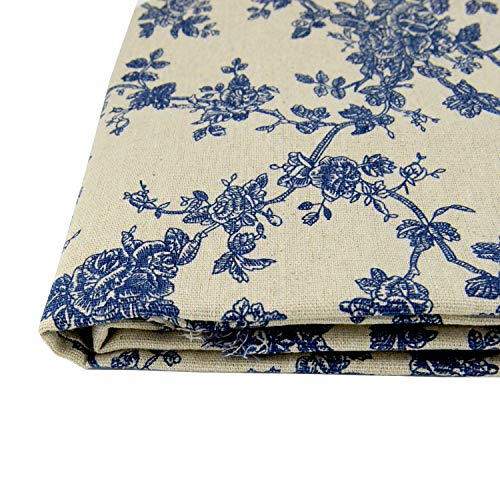 Linen Cotton Printed Fabric for Home Decoration and Crafting by The Meter(Classical Blue Floral Pattern)