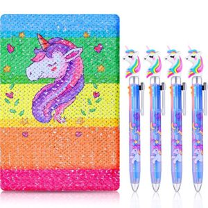 leinuosen unicorn notebook set, 4 pieces unicorn multicolor pens with reversible sequin unicorn pattern notebook for party gifts and school supplies (rainbow)