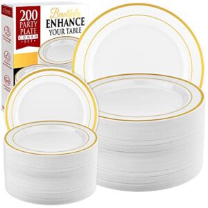 prestee 200pc gold plastic plates - 100 dinner plates & 100 salad plates, white + gold-rimmed plastic plates, gold plates disposable plastic party plates - dessert, appetizer, holiday, wedding plates