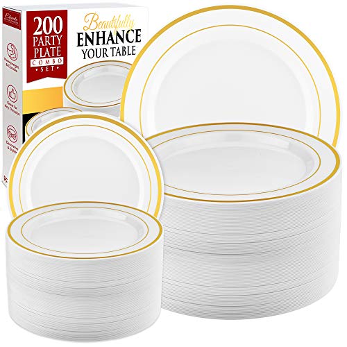 Prestee 200pc Gold Plastic Plates - 100 Dinner Plates & 100 Salad Plates, White + Gold-Rimmed Plastic Plates, Gold Plates Disposable Plastic Party Plates - Dessert, Appetizer, Holiday, Wedding Plates