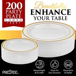 Prestee 200pc Gold Plastic Plates - 100 Dinner Plates & 100 Salad Plates, White + Gold-Rimmed Plastic Plates, Gold Plates Disposable Plastic Party Plates - Dessert, Appetizer, Holiday, Wedding Plates