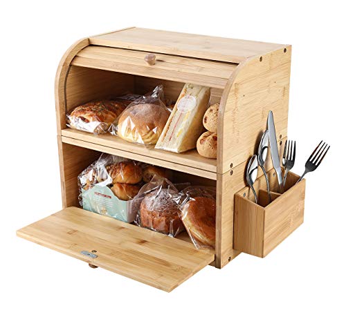 TQVAI Natural Bamboo 2 Layer Large Bread Box for Kitchen Counter Wood Bread Storage Container - Can Use as 2 Individual Bread Bin - Assembly Required, Original