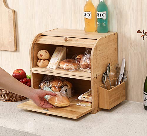 TQVAI Natural Bamboo 2 Layer Large Bread Box for Kitchen Counter Wood Bread Storage Container - Can Use as 2 Individual Bread Bin - Assembly Required, Original