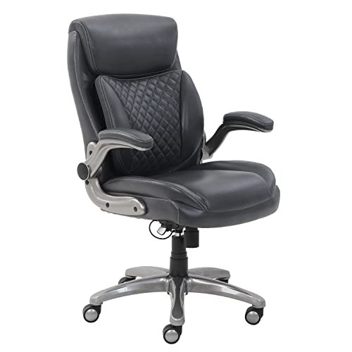 AmazonCommercial Ergonomic Executive Office Desk Chair with Flip-up Armrests, Adjustable Height, Tilt and Lumbar Support, 29.5"D x 28"W x 43"H, Grey Bonded Leather