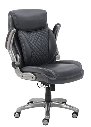 AmazonCommercial Ergonomic Executive Office Desk Chair with Flip-up Armrests, Adjustable Height, Tilt and Lumbar Support, 29.5"D x 28"W x 43"H, Grey Bonded Leather