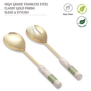 Folkulture Serving Spoons or Salad Servers for Modern Kitchen, Stainless Steel Serving Utensils - Spoon and Fork for Serving Salad, 12-inch Cooking Utensils Set with Marble Handle, Pearl White