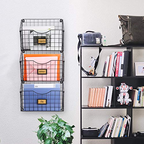 X-cosrack Stackable Hanging Wall Files Rack&3-Tier Metal Folder Wall File Holder with Tag Slot Mounts on Wall and Door for Office, Home, and Work Easy Organizing,Black(Patent Pending)