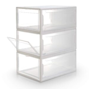 homde reinforced shoe boxes pack of 3 stackable shoe storage rack white frame with clear body (large)