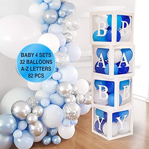 82PCS Baby Shower Decorations For Boy Kit - Jumbo Transparent Baby Block Balloon Box Includes BABY, Alphabet Letters DYI, White Gray Baby Blue Balloons, Gender Reveal Decor 1st Birthday Party Backdrop