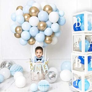 82PCS Baby Shower Decorations For Boy Kit - Jumbo Transparent Baby Block Balloon Box Includes BABY, Alphabet Letters DYI, White Gray Baby Blue Balloons, Gender Reveal Decor 1st Birthday Party Backdrop