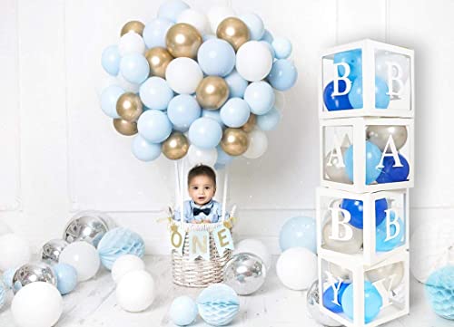 82PCS Baby Shower Decorations For Boy Kit - Jumbo Transparent Baby Block Balloon Box Includes BABY, Alphabet Letters DYI, White Gray Baby Blue Balloons, Gender Reveal Decor 1st Birthday Party Backdrop