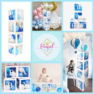 82PCS Baby Shower Decorations For Boy Kit - Jumbo Transparent Baby Block Balloon Box Includes BABY, Alphabet Letters DYI, White Gray Baby Blue Balloons, Gender Reveal Decor 1st Birthday Party Backdrop