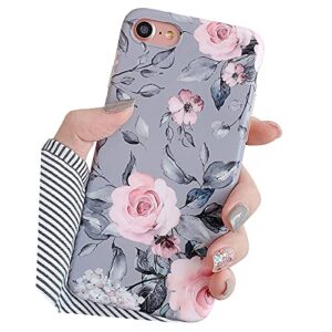 yelovehaw iphone se 2020 case, iphone 8 case, iphone 7 case for girls, flexible soft slim fit, floral and purple & gray leaves pattern cute phone case for iphone8 / iphone7 / iphonese (pink flowers)