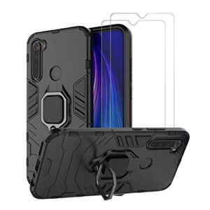 urspasol for xiaomi redmi note 8 case with screen protector tempered glass hybrid heavy duty armor protective bumper cover with 360° degree ring holder kickstand (black)