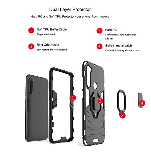 Urspasol for Xiaomi Redmi Note 8 Case with Screen Protector Tempered Glass Hybrid Heavy Duty Armor Protective Bumper Cover with 360° Degree Ring Holder Kickstand (Black)