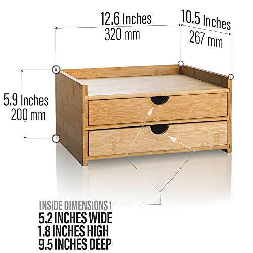 2-Tier Desk Organizer with Drawers and Storage - Wooden Desk Organizers - Mini Bamboo Organizing Unit - Ideal for Makeup, Bathroom, and Desktop Organizing on Countertops and Tabletops