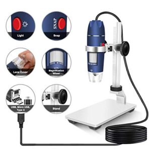 Jiusion HD 2MP USB Digital Microscope 40X to 1000X Portable Magnification Endoscope Camera with 8 LEDs Aluminum Alloy Stable Stand for OTG Android Mac Windows 7 8 10 11 Linux