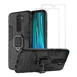 urspasol for xiaomi redmi note 8 pro case with screen protector tempered glass hybrid heavy duty armor protective bumper cover with 360° degree ring holder kickstand (black)