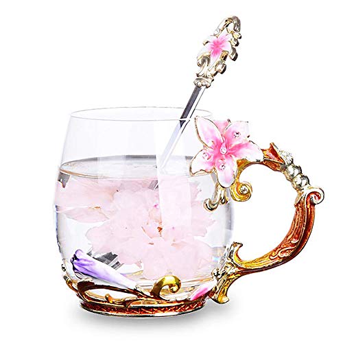 Goodking Flower Glass Coffee Mug Tea Cup with Spoon, Best Birthday Gifts for Women Wife Mom Friends