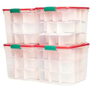 homz 31 quart medium clear plastic holiday storage container bin with latching handles and removable ornament dividers, (4 pack)