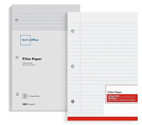 1InTheOffice College Ruled Filler Paper 5.5 x 8.5 Mini Binder Filler Paper, White, 100 Sheets/Pack